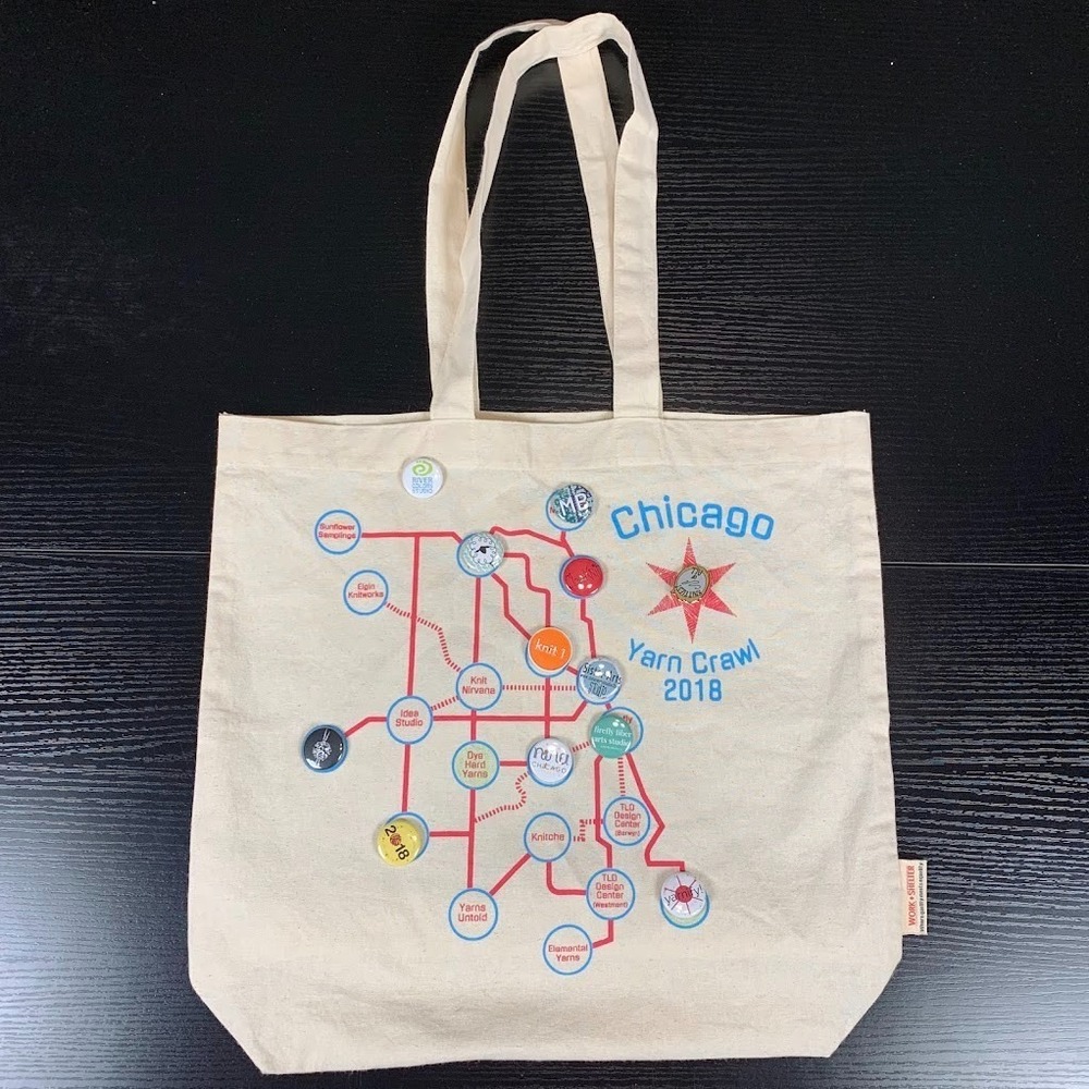 Chicago Yarn Crawl 2018 Tan Project Tote Bag with Shop Pins Knit Crochet